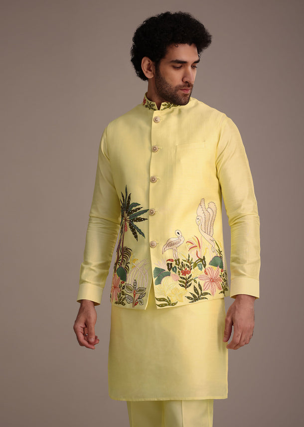 Lemon Yellow Silk Thread Work Kurta Jacket Set