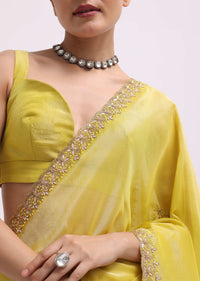 Lemon Yellow Tissue Saree With Gotta Work And Unstitched Blouse