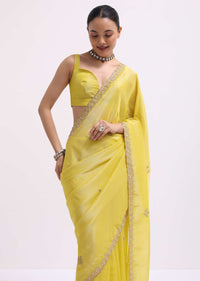 Lemon Yellow Tissue Saree With Gotta Work And Unstitched Blouse