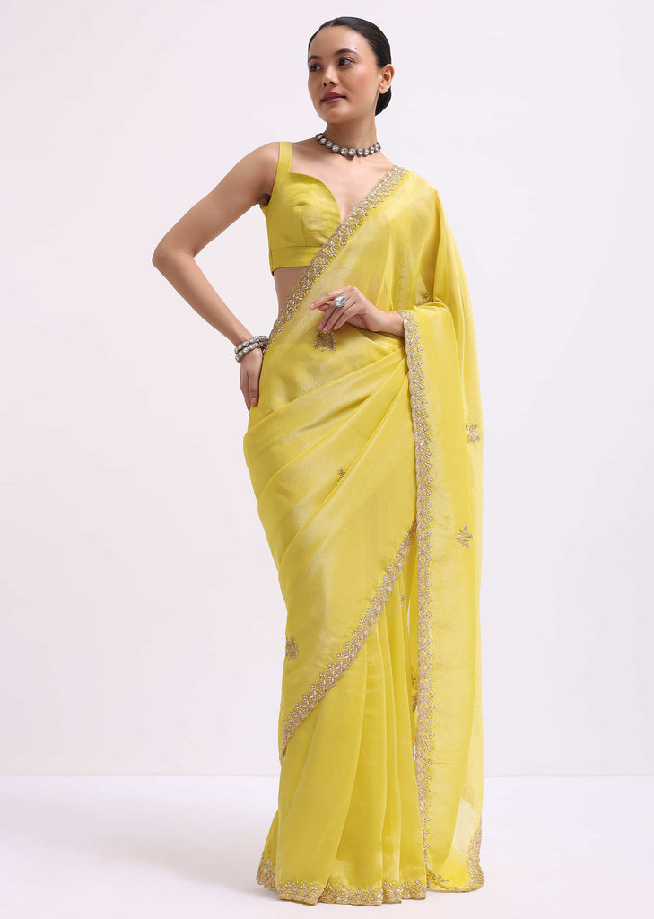 Lemon Yellow Tissue Saree With Gotta Work And Unstitched Blouse