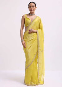 Lemon Yellow Tissue Saree With Gotta Work And Unstitched Blouse