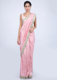 Lemonade pink dupion silk saree with contrasting embroidered border only on kalki