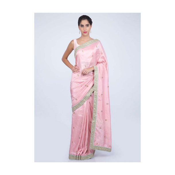 Lemonade pink dupion silk saree with contrasting embroidered border only on kalki