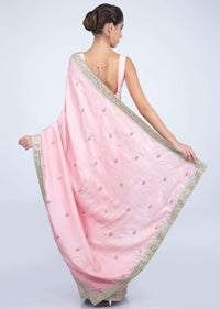 Lemonade pink dupion silk saree with contrasting embroidered border only on kalki