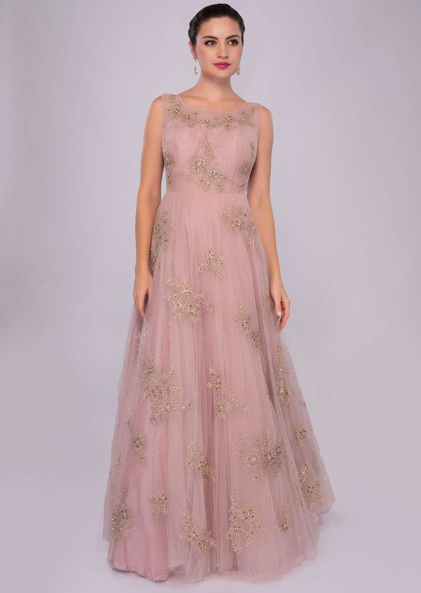 lemonade pink net gown with floral embroidered butti 