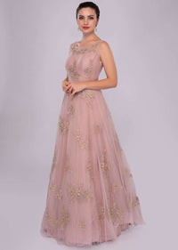 lemonade pink net gown with floral embroidered butti 