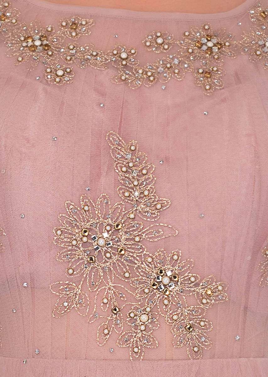 lemonade pink net gown with floral embroidered butti 