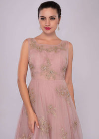 lemonade pink net gown with floral embroidered butti 