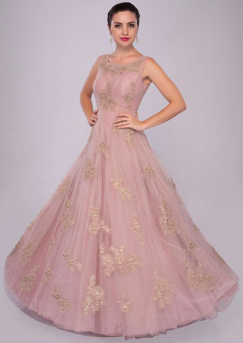 lemonade pink net gown with floral embroidered butti 