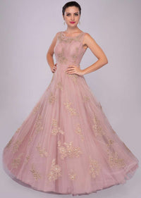 Lemonade Pink Gown In Net With Floral Embroidered Butti Online - Kalki Fashion