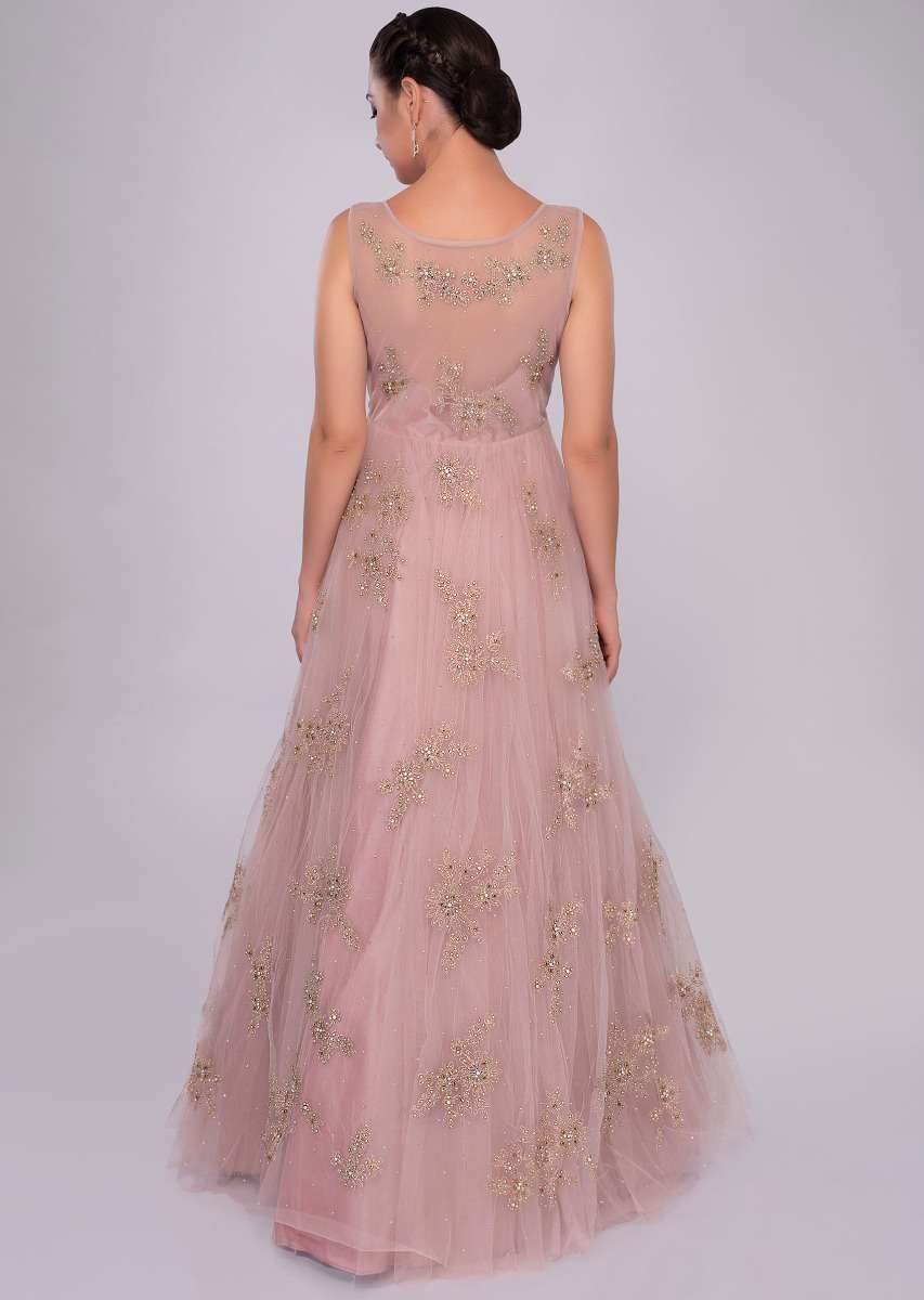 lemonade pink net gown with floral embroidered butti 