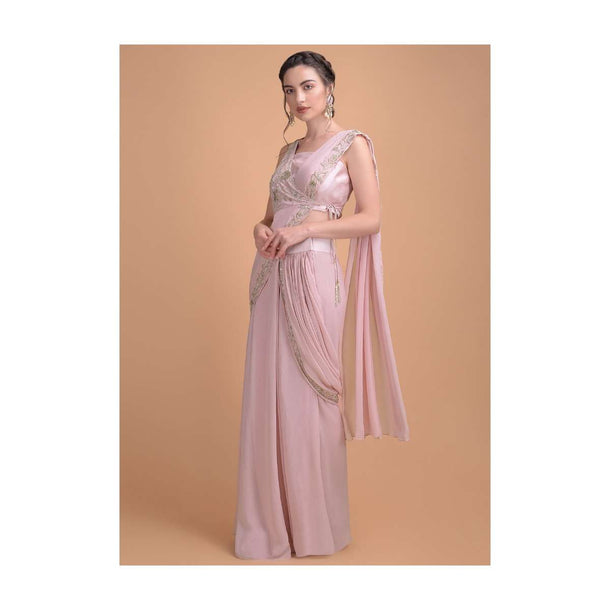 Lemonade Pink Ready Pleated Saree With Zardosi And Cut Dana Work In Floral Pattern Online - Kalki Fashion