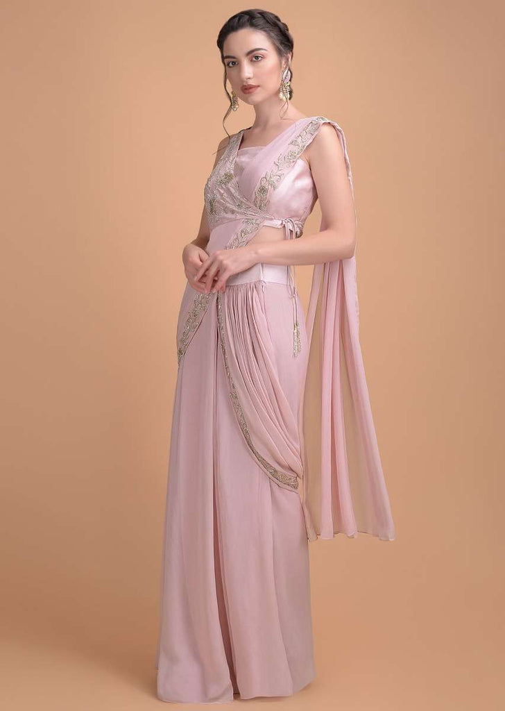 Lemonade Pink Ready Pleated Saree With Zardosi And Cut Dana Work In Floral Pattern Online - Kalki Fashion