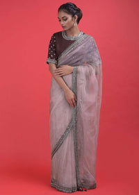 Lemonade Pink Saree In Organza With Mirror Work And A Maroon Silk Blouse Online - Kalki Fashion