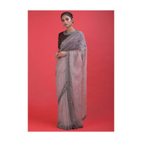 Lemonade Pink Saree In Organza With Mirror Work And A Maroon Silk Blouse Online - Kalki Fashion