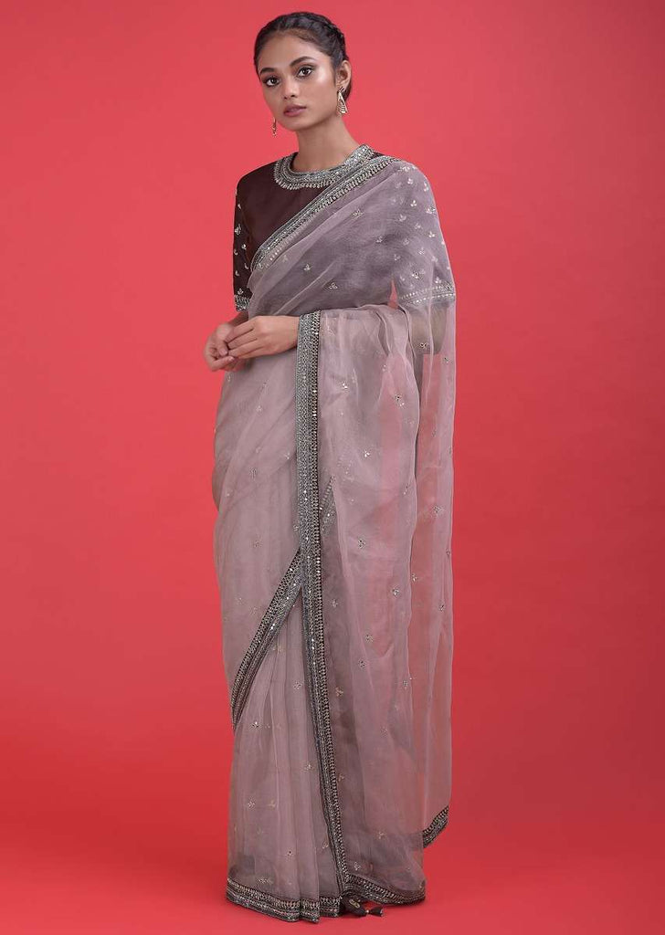 Lemonade Pink Saree In Organza With Mirror Work And A Maroon Silk Blouse Online - Kalki Fashion