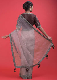 Lemonade Pink Saree In Organza With Mirror Work And A Maroon Silk Blouse Online - Kalki Fashion