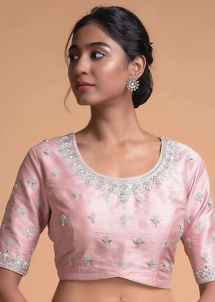 Lemonde Pink Blouse In Raw Silk With Zardosi Embroidered Buttis And Round Neckline Online - Kalki Fashion