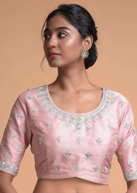 Lemonde Pink Blouse In Raw Silk With Zardosi Embroidered Buttis And Round Neckline Online - Kalki Fashion