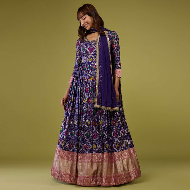 Midnight Blue Patola Printed Silk Anarkali Suit With Banarasi Zari