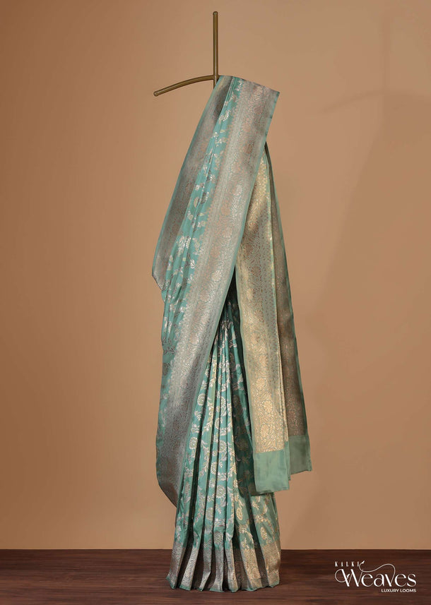 Sea Green Saree In Uppada Silk With Silver Gold Kadva Jaal And Unstitched Blouse
