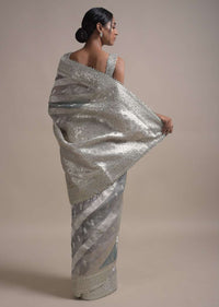 Light And Dark Grey Shaded Saree In Organza With Weaved Floral Pattern In Diagonal Stripes Online - Kalki Fashion