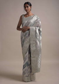 Light And Dark Grey Shaded Saree In Organza With Weaved Floral Pattern In Diagonal Stripes Online - Kalki Fashion