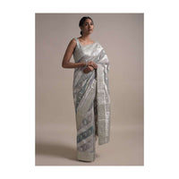 Light And Dark Grey Shaded Saree In Organza With Weaved Floral Pattern In Diagonal Stripes Online - Kalki Fashion