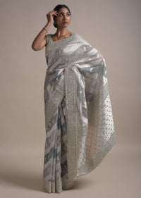 Light And Dark Grey Shaded Saree In Organza With Weaved Floral Pattern In Diagonal Stripes Online - Kalki Fashion