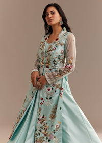 Light Aqua Blue Zardosi Embroidered Jacket Lehenga Set