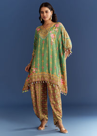 Light Aqua Green Cotton Muslin Kaftaan With Printed Dhoti