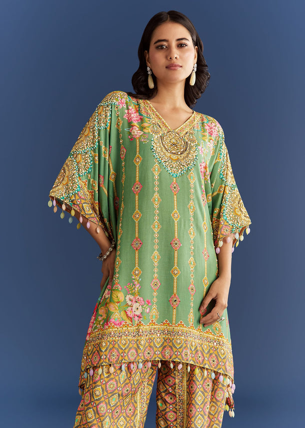 Light Aqua Green Cotton Muslin Kaftaan With Printed Dhoti