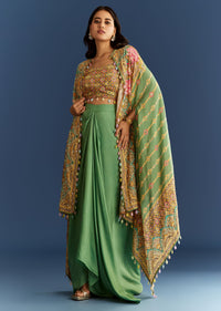 Light Aqua Green Cotton Muslin Printed Croptop Cape Suit