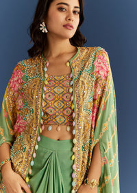 Light Aqua Green Cotton Muslin Printed Croptop Cape Suit