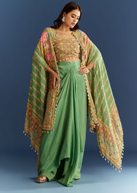 Light Aqua Green Cotton Muslin Printed Croptop Cape Suit
