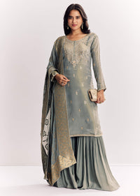 Light Aqua Green Tissue Kurta Sharara Suit With Cutdana And Moti Embroidery