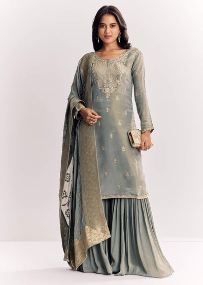 Light Aqua Green Tissue Kurta Sharara Suit With Cutdana And Moti Embroidery