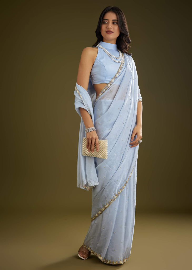 Light Blue Tissue Silk Saree With Stone Embellishment