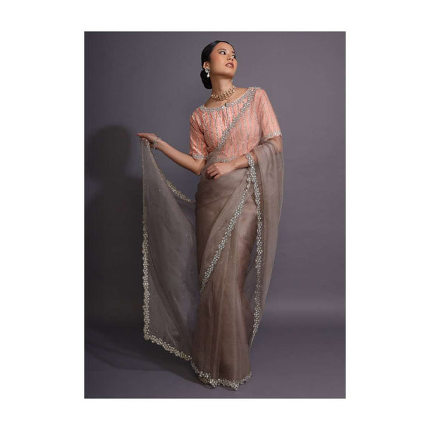 Light Brown Saree In Organza With Sequins Embellished Border And Contrasting Peach Blouse Online - Kalki Fashion