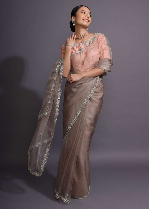 Light Brown Saree In Organza With Sequins Embellished Border And Contrasting Peach Blouse Online - Kalki Fashion