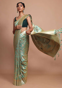 Light Green Banarasi Saree In Silk With Weaved Floral Jaal