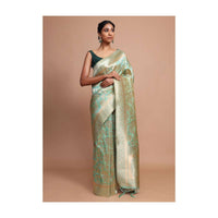 Light Green Banarasi Saree In Silk With Weaved Floral Jaal