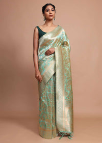 Light Green Banarasi Saree In Silk With Weaved Floral Jaal