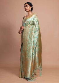 Light Green Banarasi Saree In Silk With Weaved Floral Jaal