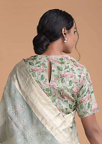 Light Green Blouse In Raw Silk With Flamingo Print Online - Kalki Fashion