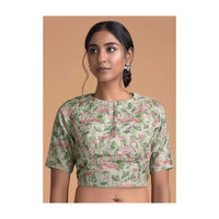 Light Green Blouse In Raw Silk With Flamingo Print Online - Kalki Fashion