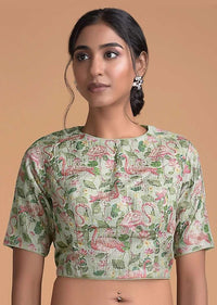 Light Green Blouse In Raw Silk With Flamingo Print Online - Kalki Fashion