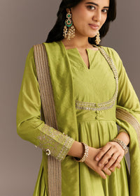 Light Green Chanderi Anarkali With Gotta Moti Neckline And Lace Dupatta