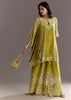 Light Green Floral Printed Kaftaan Kurta With Moti Work Palazzo And Side Pouch Bag