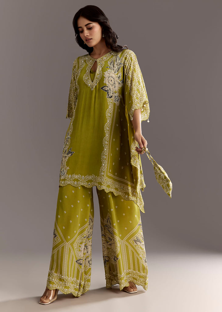 Light Green Floral Printed Kaftaan Kurta With Moti Work Palazzo And Side Pouch Bag